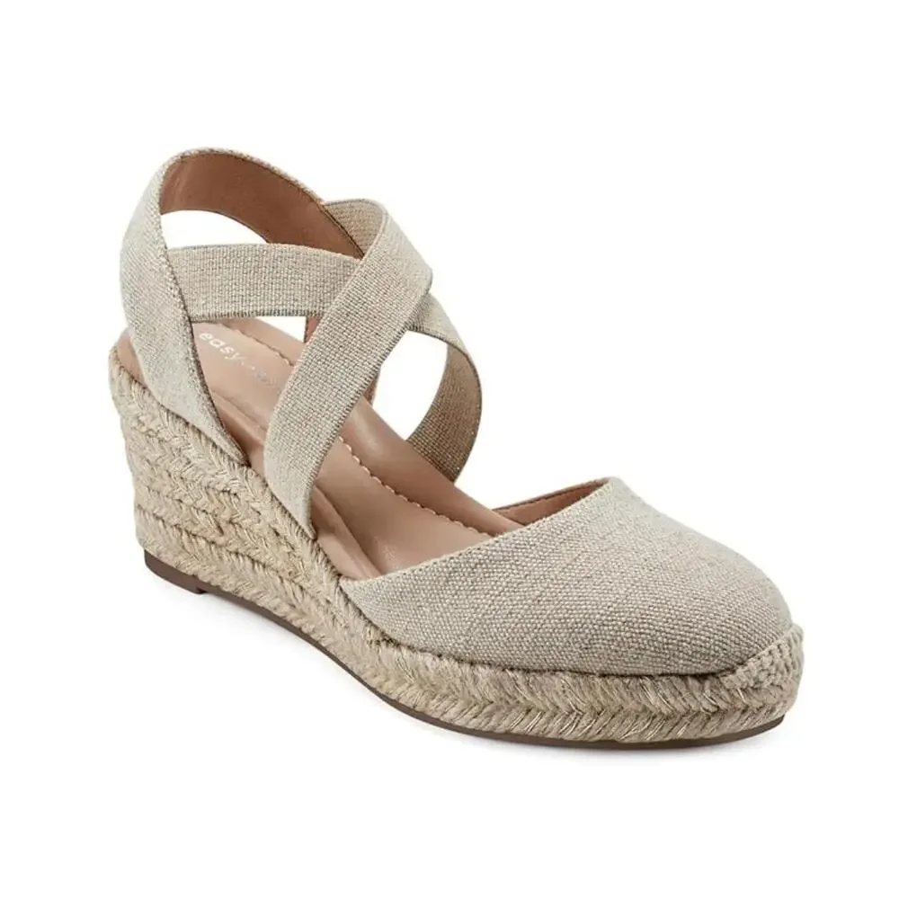 Easy Spirit Meza Sandals Women's 10B Gold Round Toe Espadrille Wedge Heel NCZ215